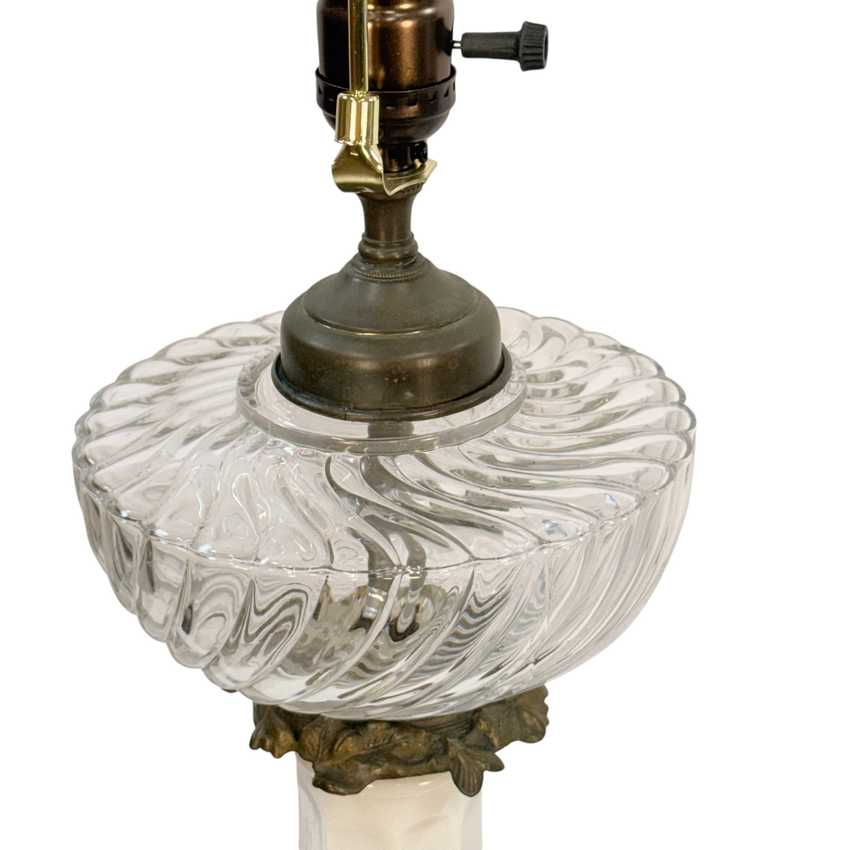 Pair of Vintage Column Table Lamps – White Lamp - Clear Glass Lamps with Ornate Floral Metal Bases – Hollywood Regency Lighting