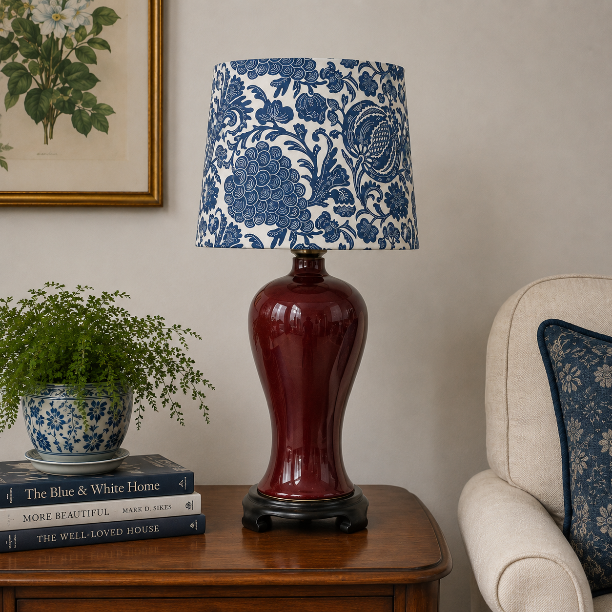 A table lamp with a glossy deep red ceramic base and a blue and white floral patterned drum shade, styled on a wooden side table in a living room setting.