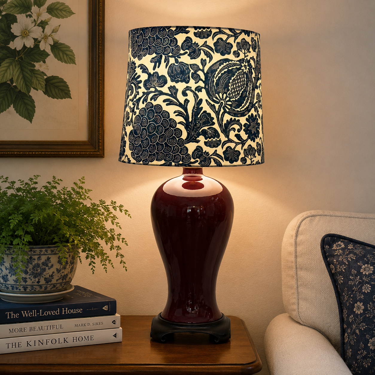 A table lamp with a glossy dark red ceramic base and a cream fabric shade featuring a navy floral and botanical pattern, shown lit on a wooden side table in a cozy room setting.