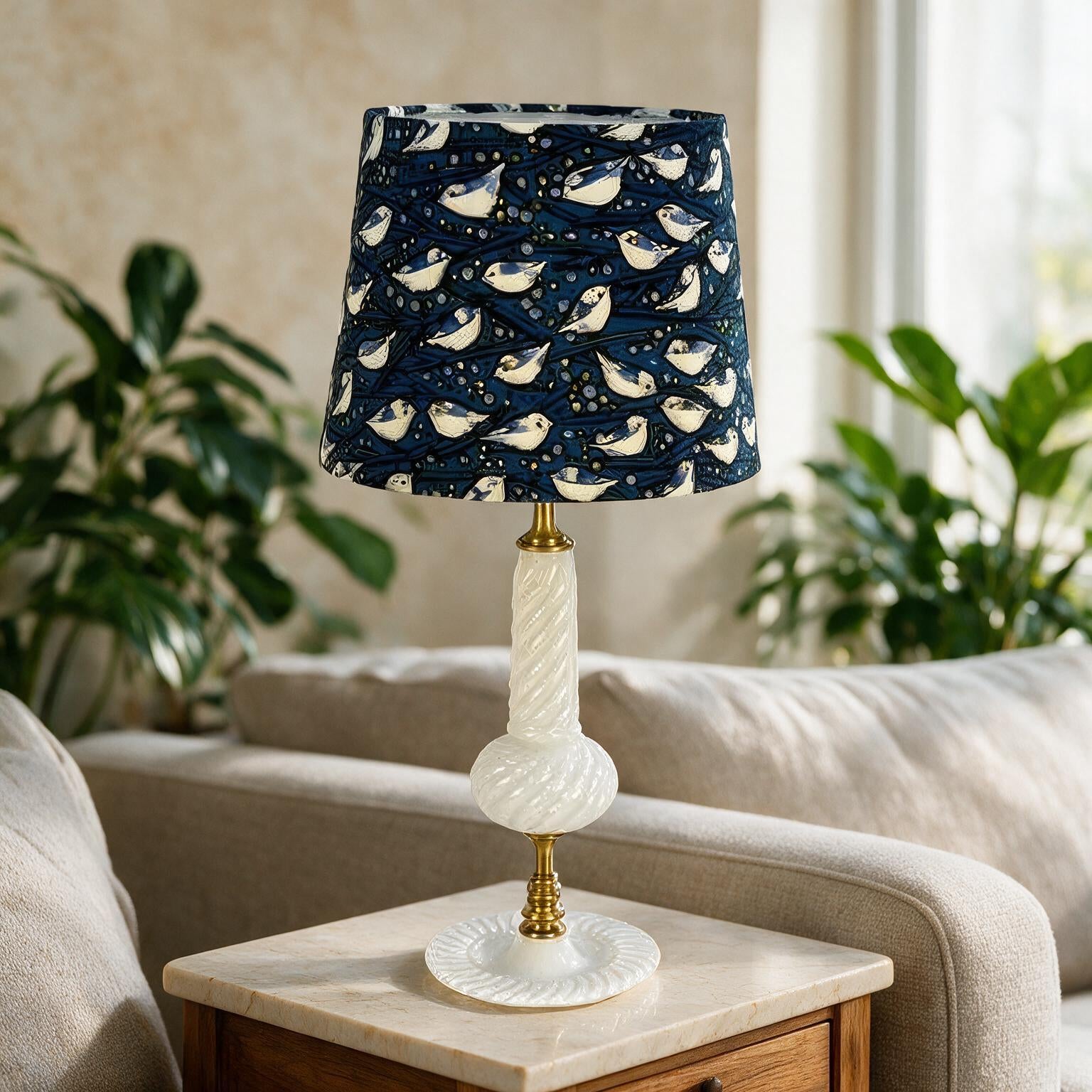 A table lamp with a navy blue fabric shade featuring a white bird pattern, a white twisted glass base, and gold-toned metal accents, styled on a marble-topped side table in a living room setting.