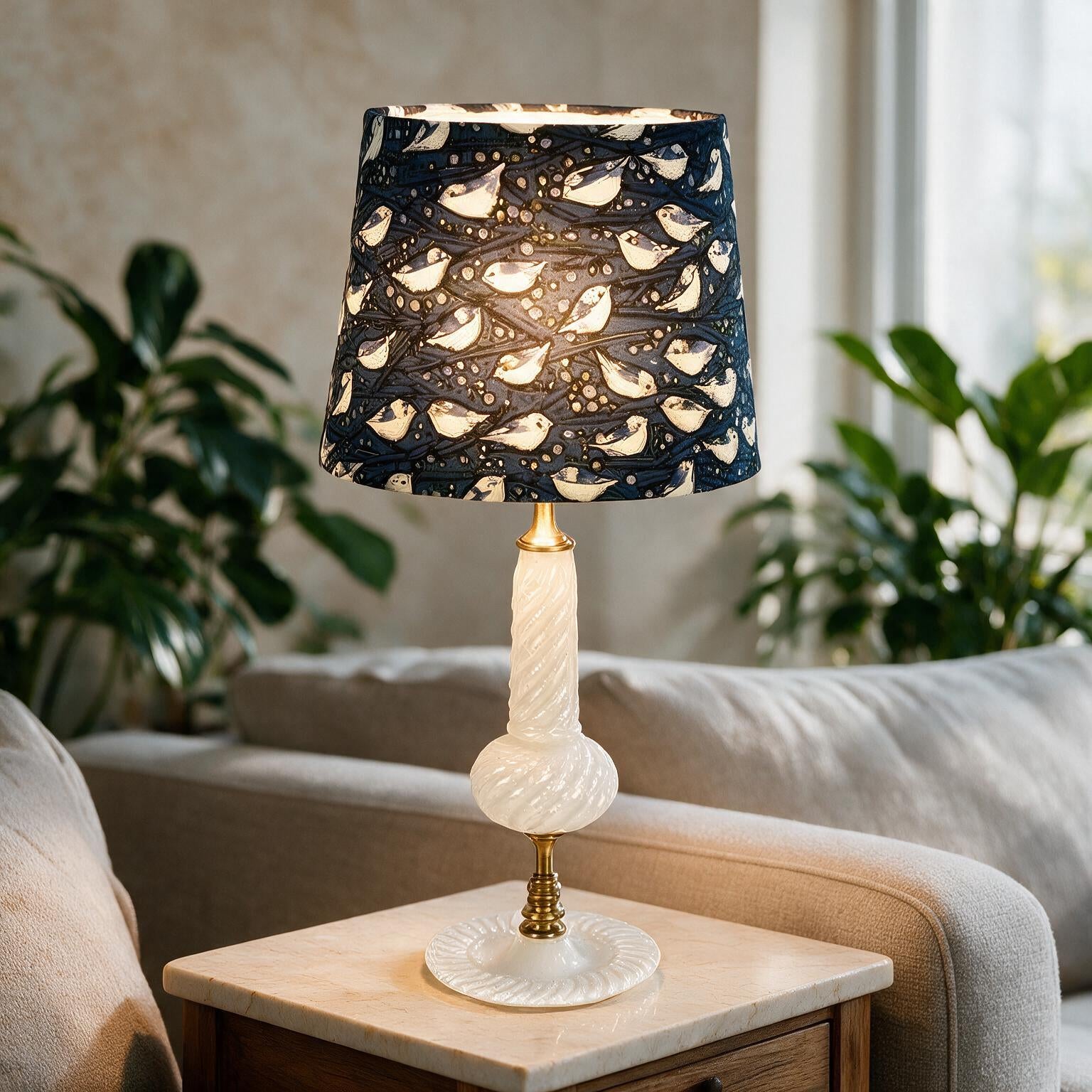 A table lamp with a dark navy blue fabric shade featuring a pattern of white birds and small gold stars, set on a light wood side table in a cozy living room next to a beige sofa and green plants.