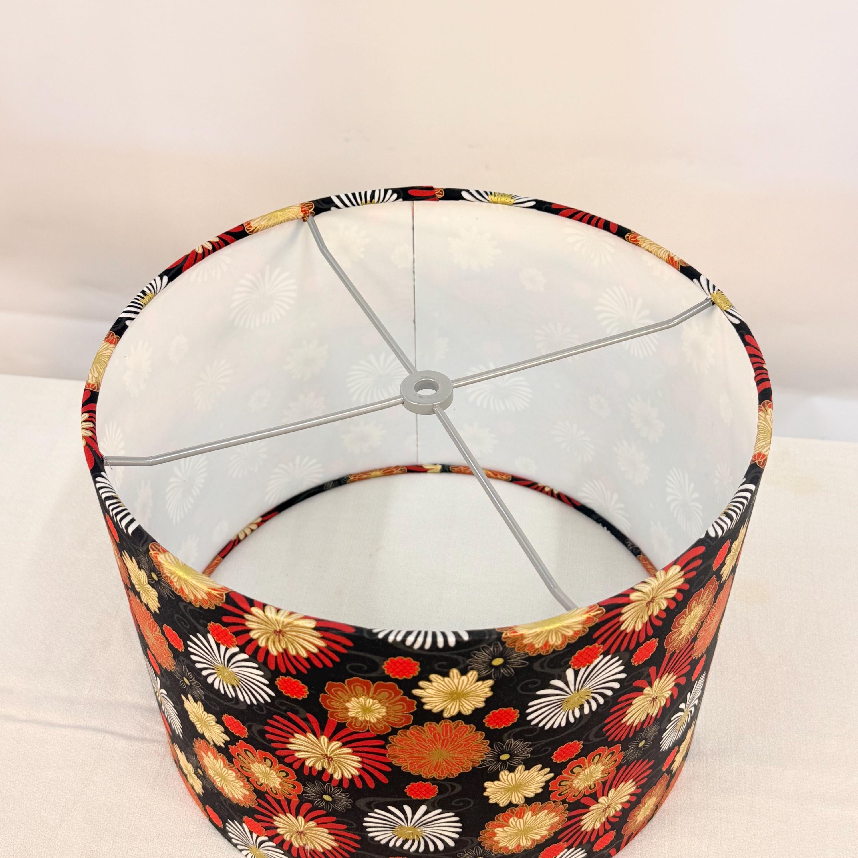 12” Drum Lamp Shade Covered in Red and Gold Fireworks on Black
