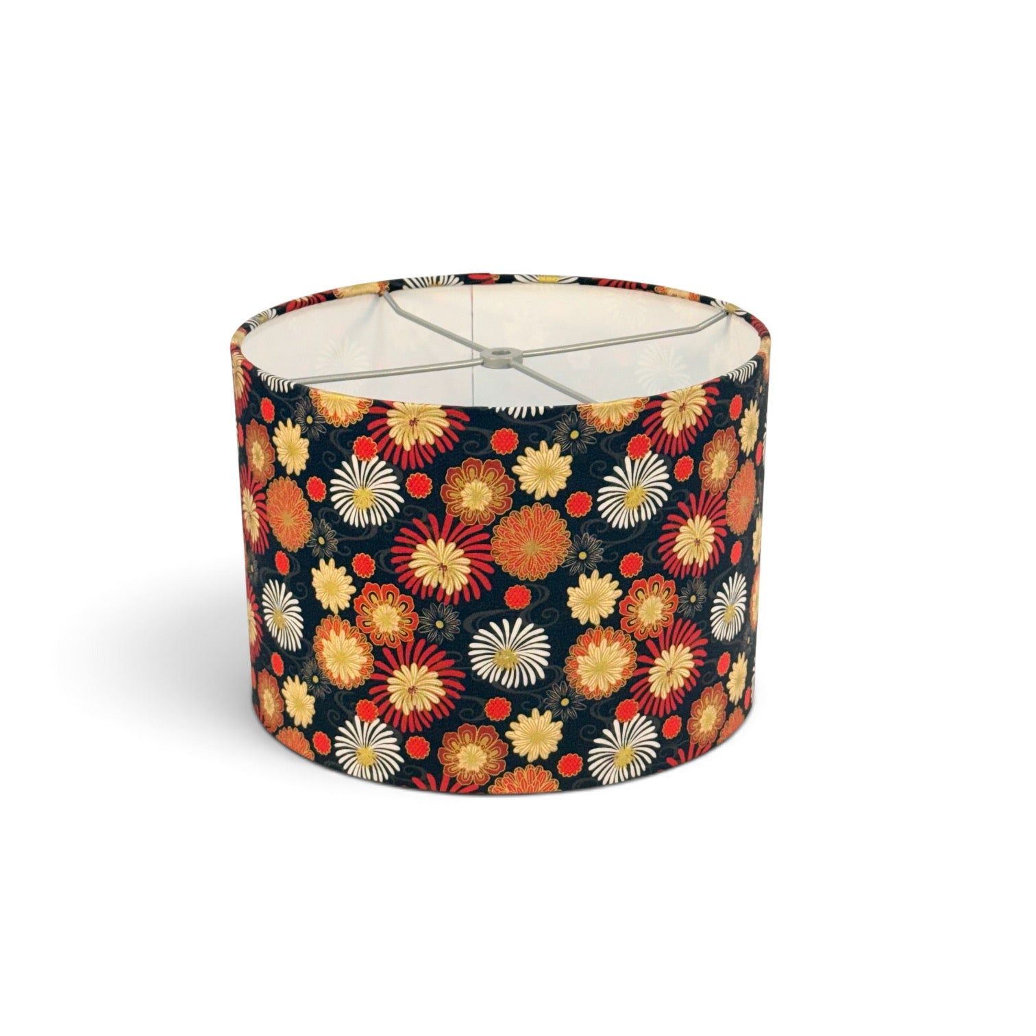 12” Drum Lamp Shade Covered in Red and Gold Chrysanthemums or Fireworks on Black