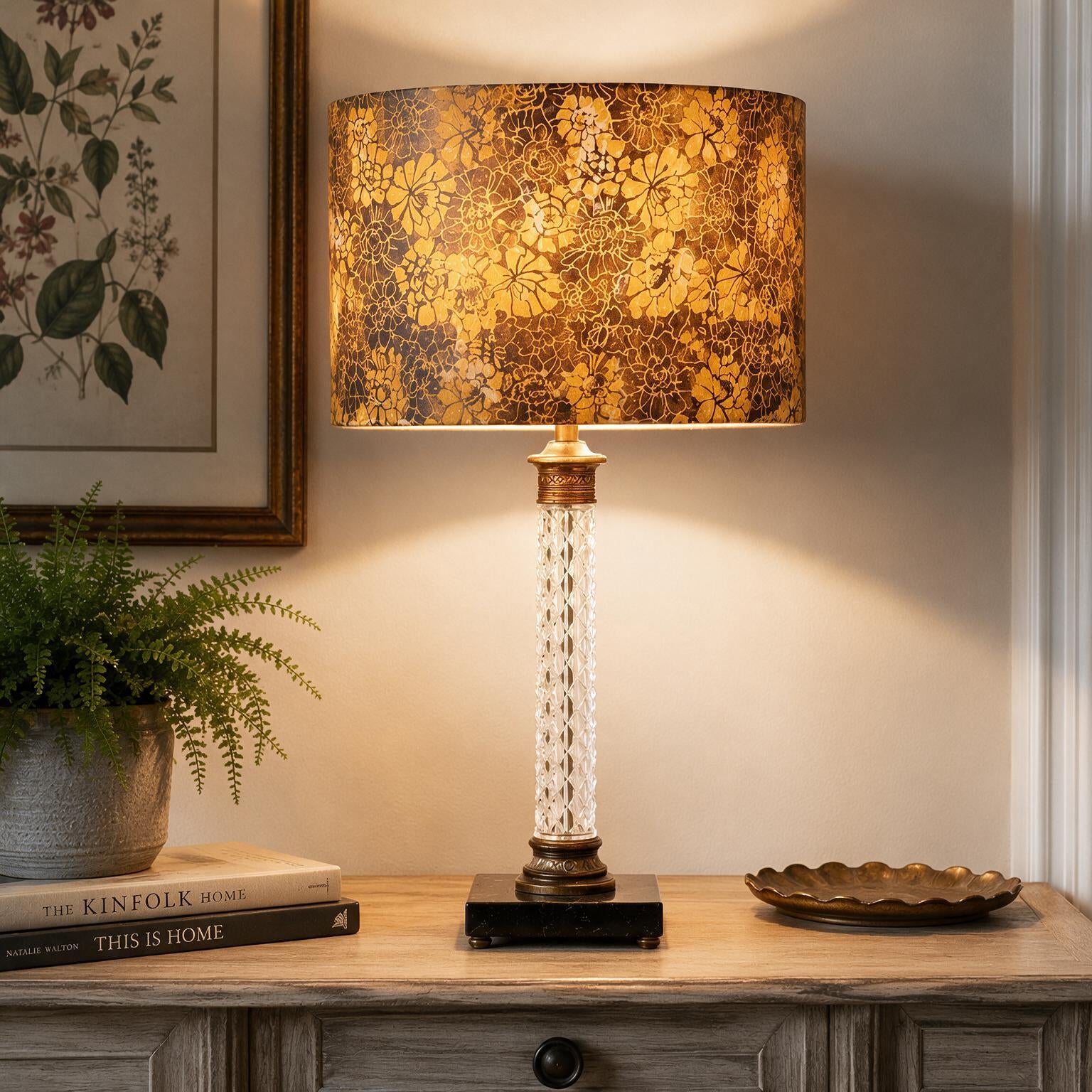 Tall Vintage Diamond Pattern Crystal Glass Lamp | Table Lamp | Brass and Black Vintage Lamp