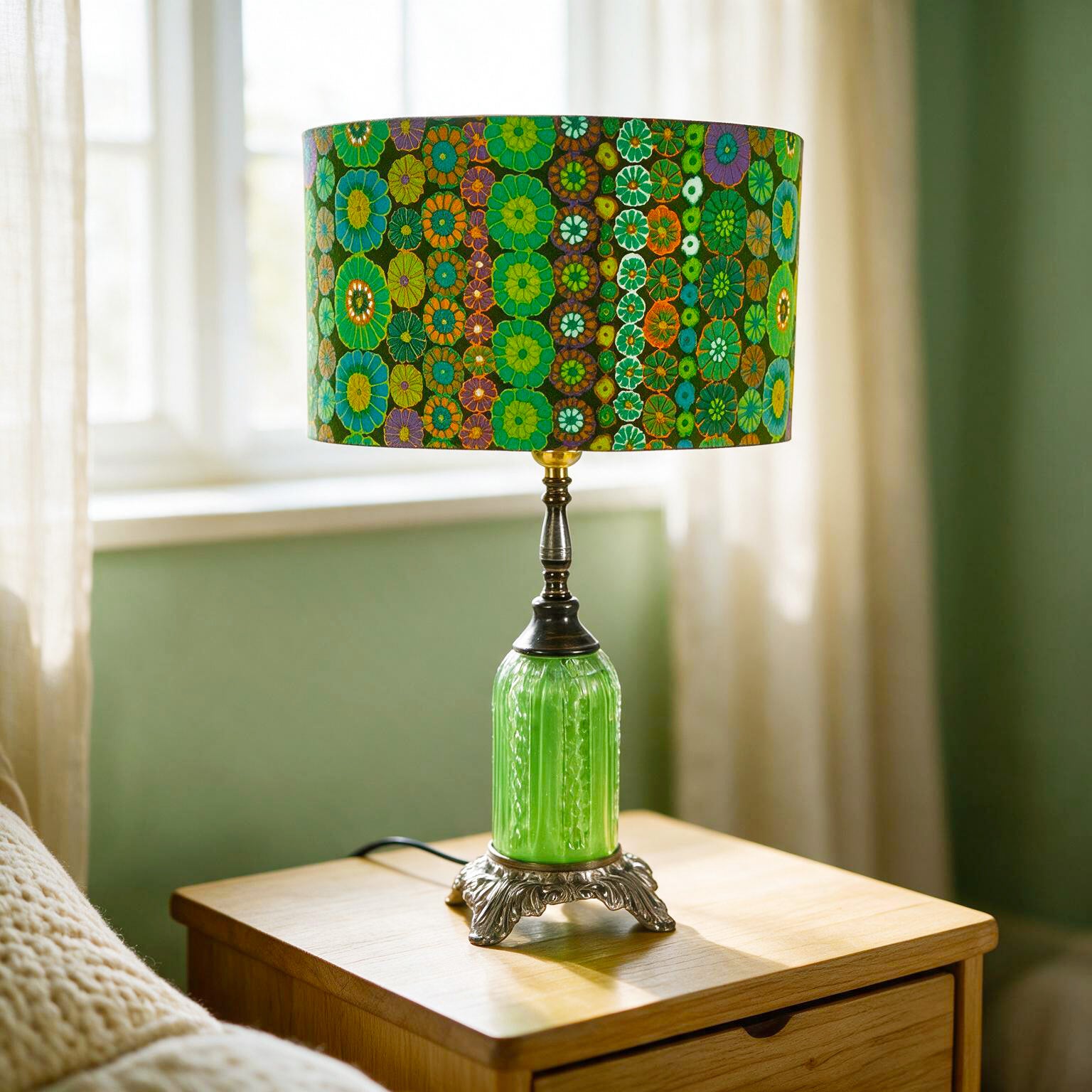 Yvette  - Green Glass Quilted Diamonds Lamp, Small Green Table Lamp, Modern Geometric Green Lamp