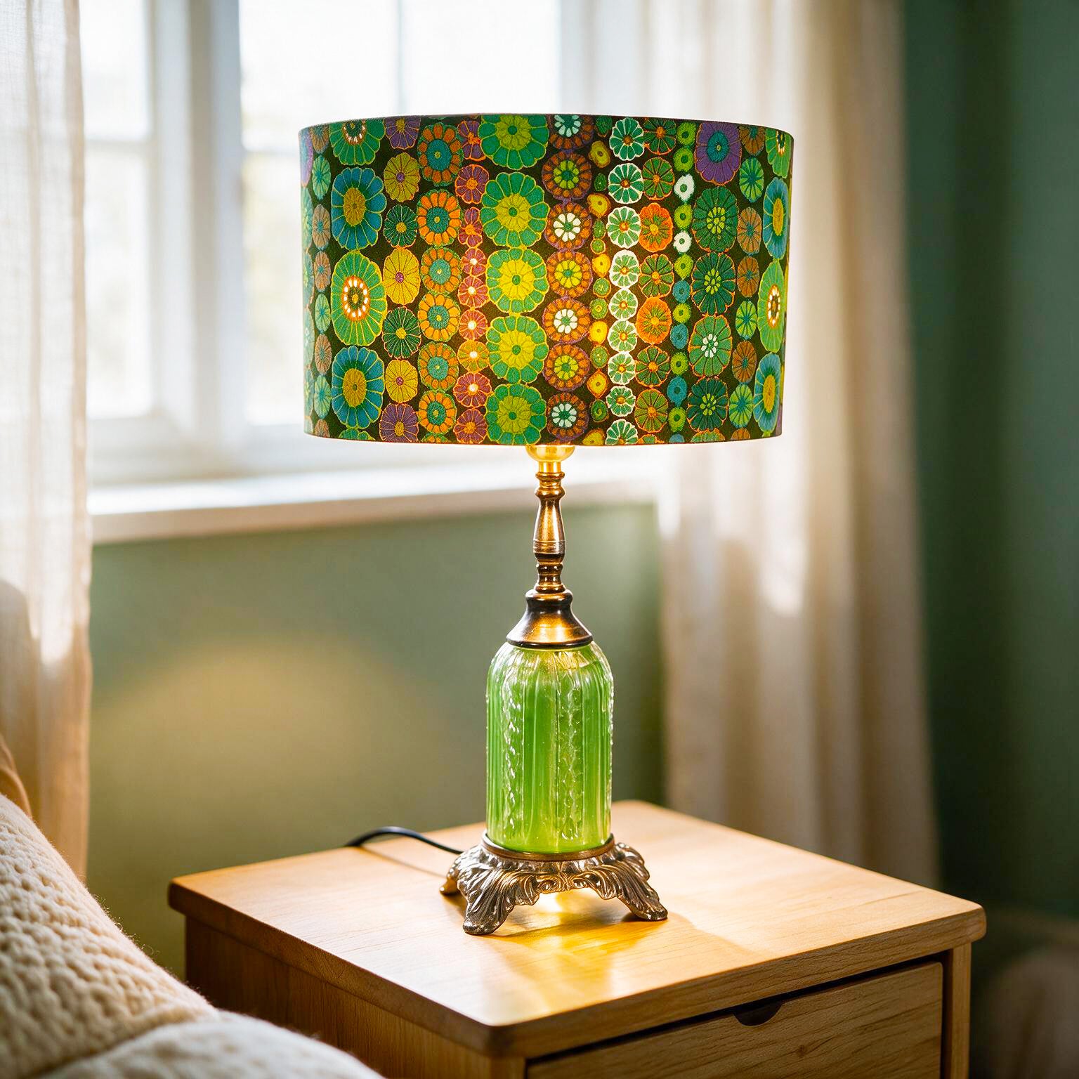 Yvette  - Green Glass Quilted Diamonds Lamp, Small Green Table Lamp, Modern Geometric Green Lamp