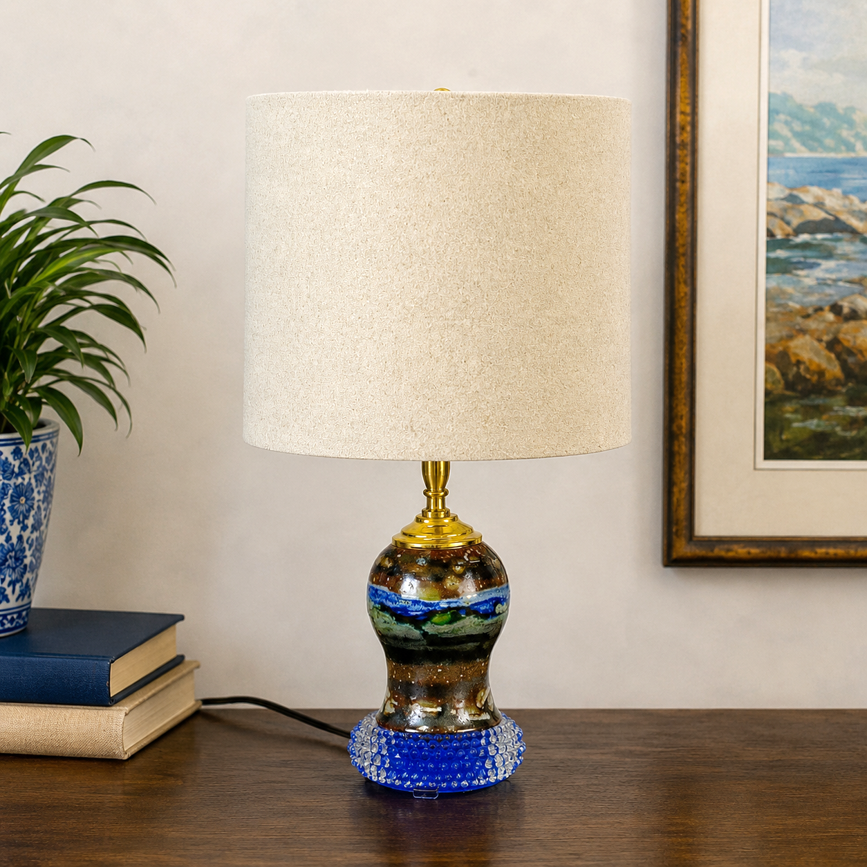 Zephyr One of a Kind Pottery Lamp; Blue Glass Table Lamp | Custom Built Studio Pottery Lamp | Eclectic Accent Lighting