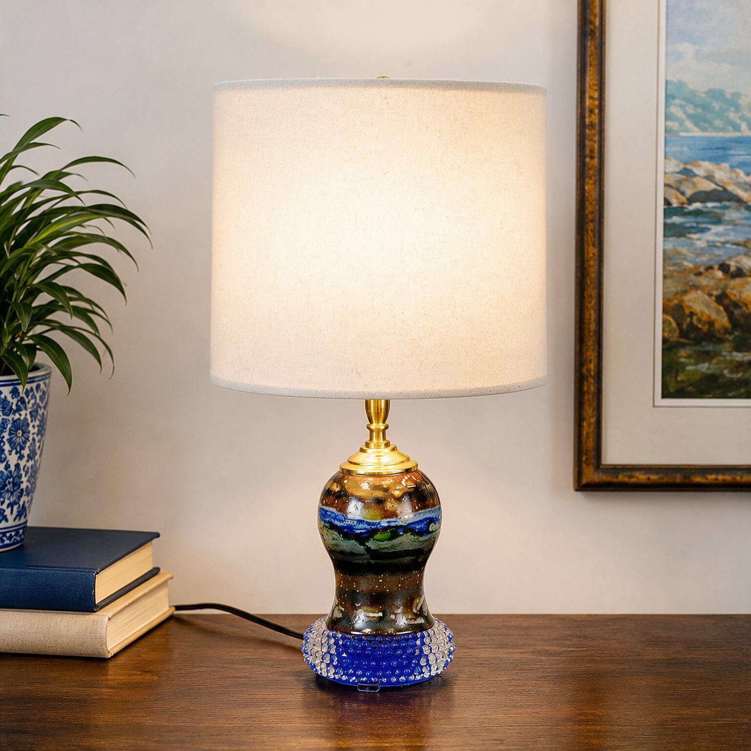 Zephyr One of a Kind Pottery Lamp; Blue Glass Table Lamp | Custom Built Studio Pottery Lamp | Eclectic Accent Lighting