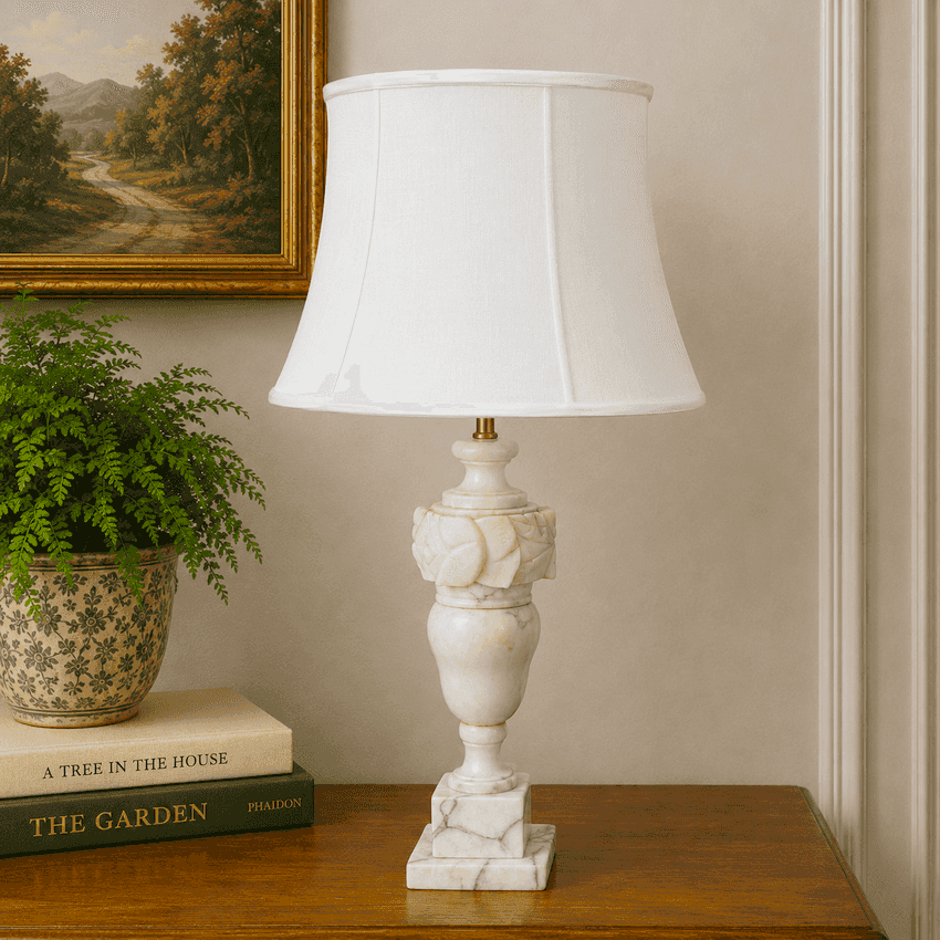Vintage Carved Alabaster Lamp; Marble Table Lamp Floral Urn 25” Restored