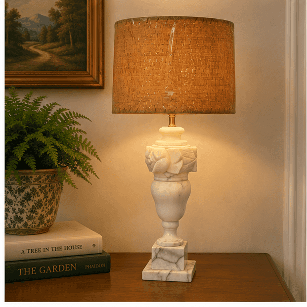 Vintage Carved Alabaster &amp; Marble Table Lamp Floral Urn 25” Restored
