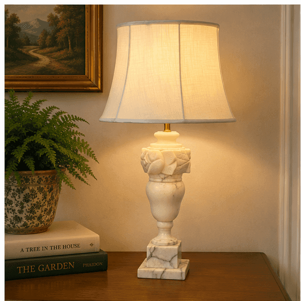 Vintage Carved Alabaster &amp; Marble Table Lamp Floral Urn 25” Restored