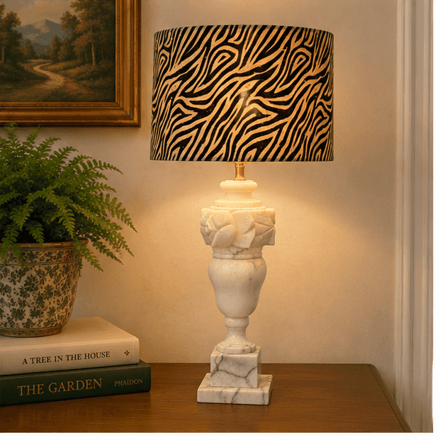 Vintage Carved Alabaster &amp; Marble Table Lamp Floral Urn 25” Restored