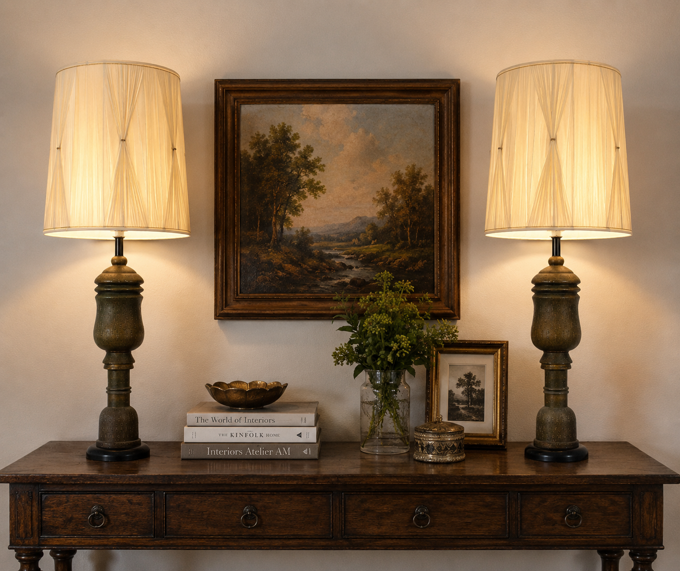 A symmetrical home decor arrangement featuring two matching table lamps with cream pleated drum shades and dark wood bases, flanking a framed landscape painting above a dark wood console table with books and a vase.