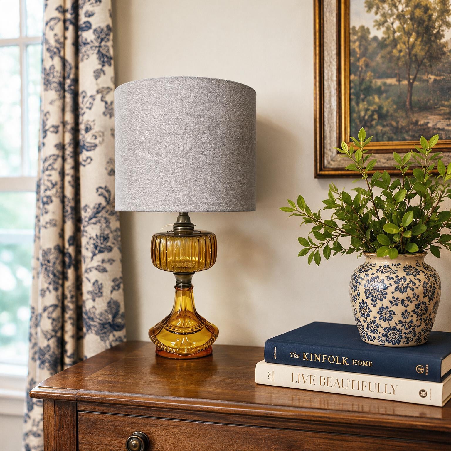 Vintage Amber Glass Oil Lamp Converted to Electric | Rewired Antique Table Lamp | 19” Accent Lamp