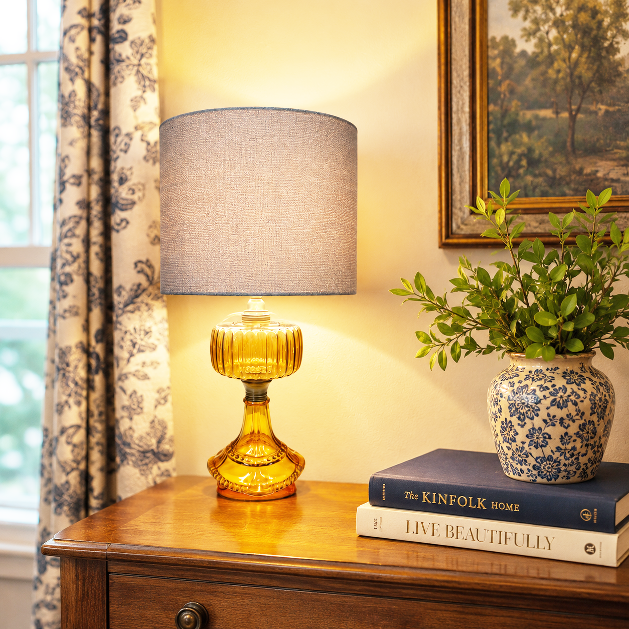 Vintage Amber Glass Oil Lamp Converted to Electric | Rewired Antique Table Lamp | 19” Accent Lamp