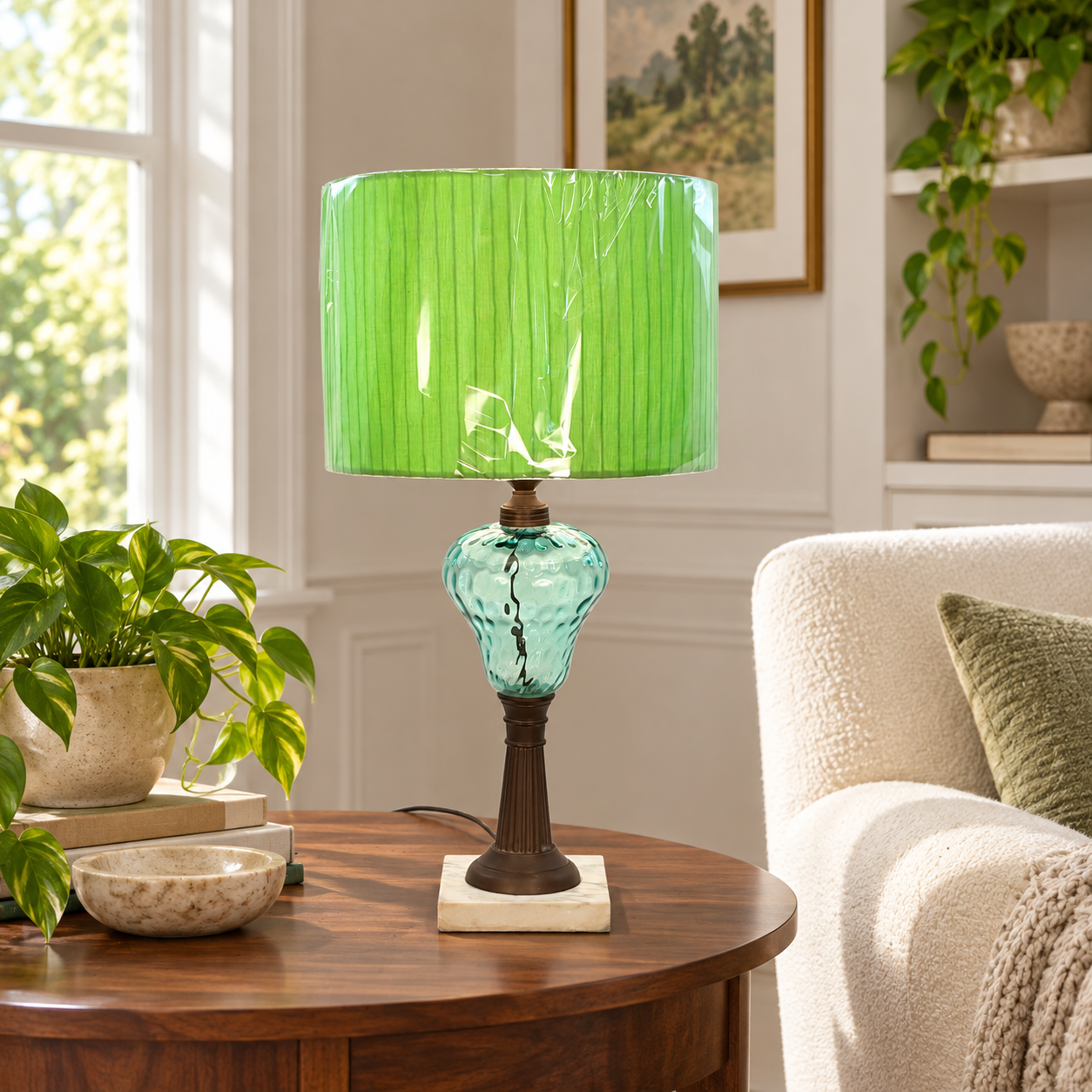 A table lamp with a bright green pleated drum shade and a translucent aqua blue glass base, placed on a round wooden side table in a bright living room next to a white armchair and potted plants.