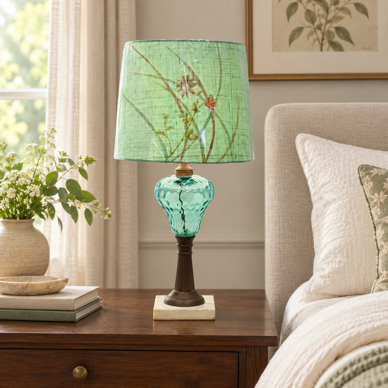 A table lamp with a textured mint green floral shade and a faceted teal glass base on a dark wood nightstand in a bedroom setting.