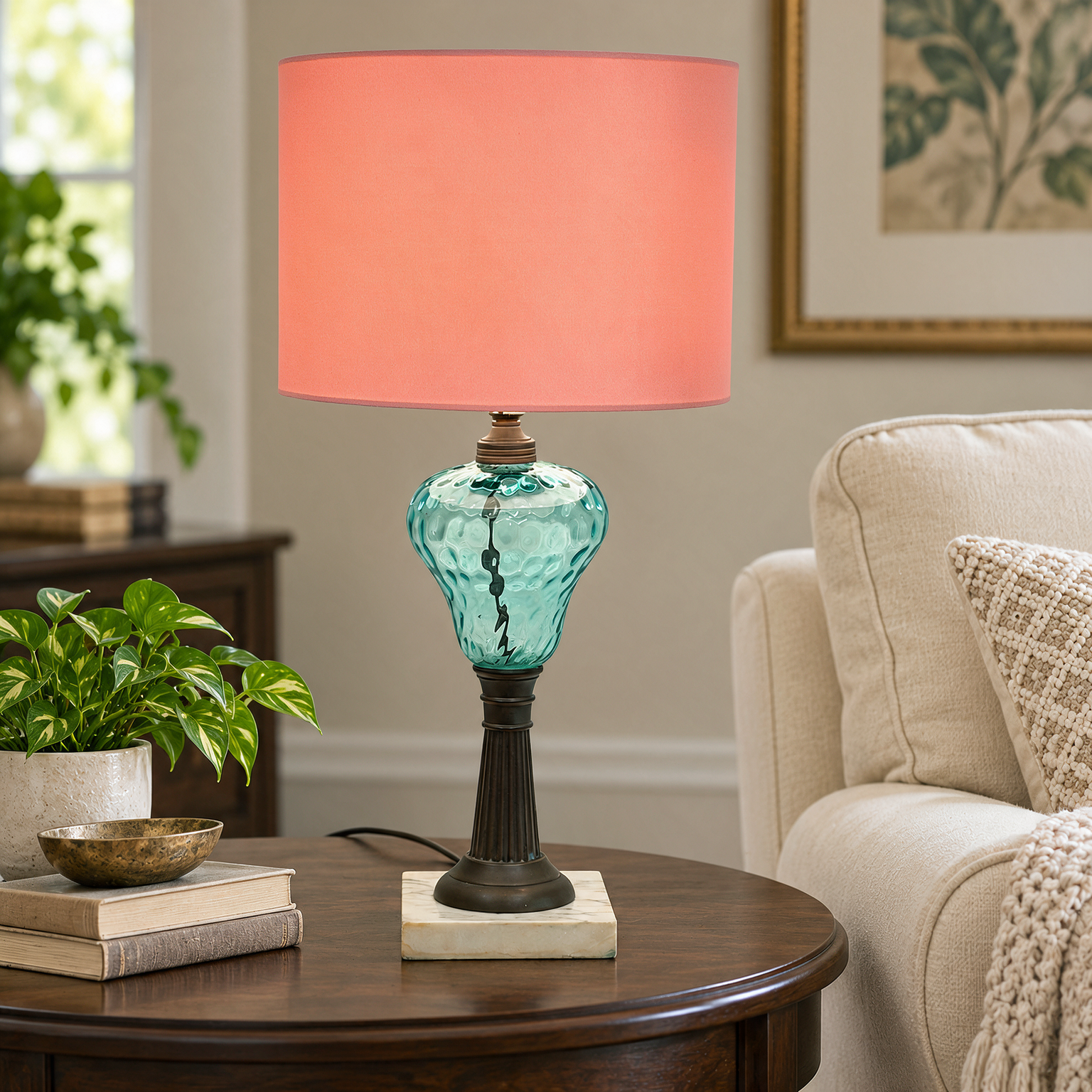 Vintage Aqua Glass Table Lamp | Turquoise Blue Glass Lamp with White Marble Base | Hollywood Regency Accent Lighting