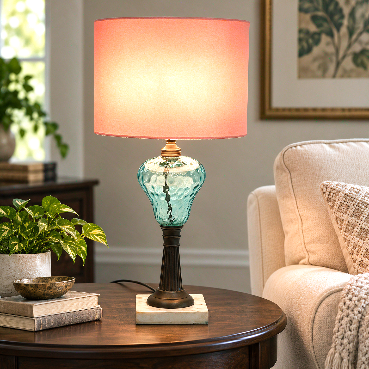Vintage Aqua Glass Table Lamp | Turquoise Blue Glass Lamp with White Marble Base | Hollywood Regency Accent Lighting