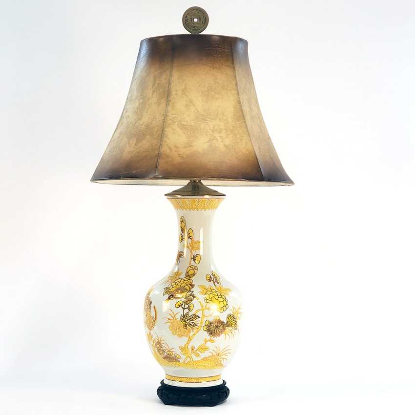 Vintage Satsuma Style Chinoiserie Vase Lamp with Gilt Florals &amp; Asian Coin Finial
