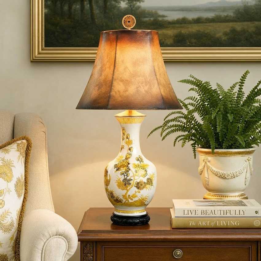 Vintage Satsuma Style Chinoiserie Vase Lamp with Gilt Florals &amp; Asian Coin Finial