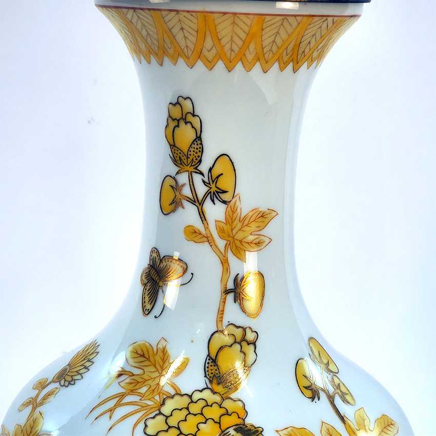 Vintage Satsuma Style Chinoiserie Vase Lamp with Gilt Florals &amp; Asian Coin Finial