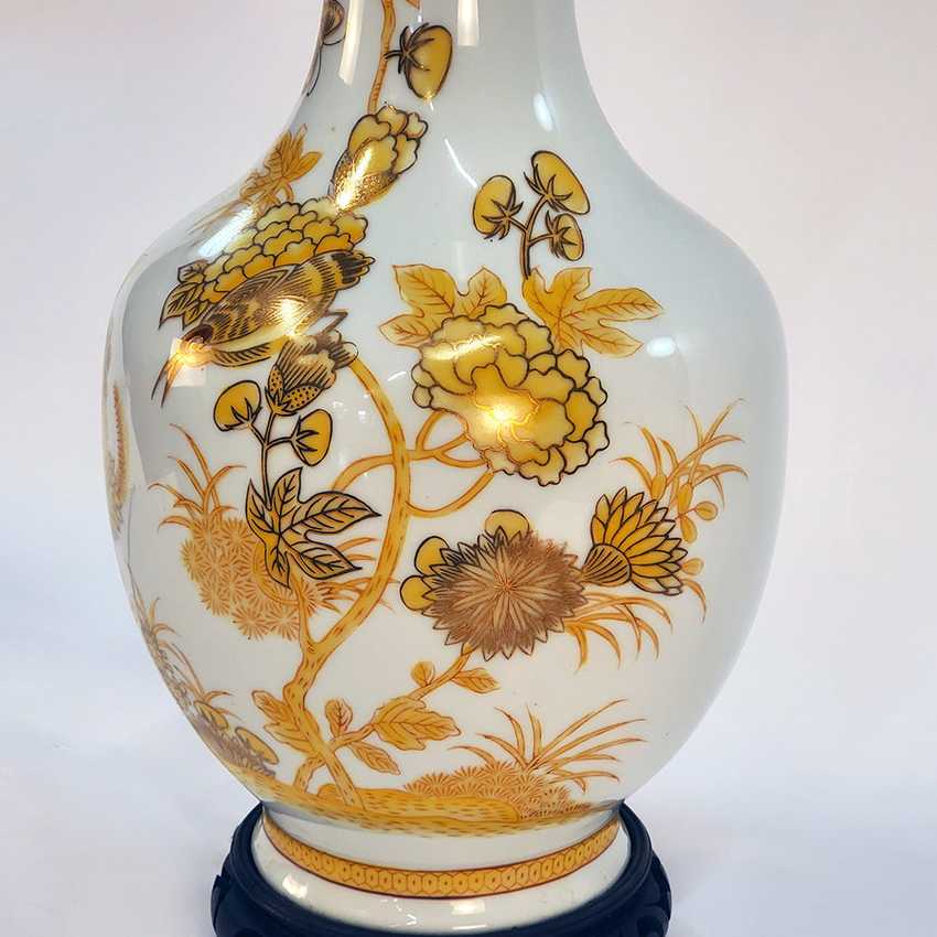 Vintage Satsuma Style Chinoiserie Vase Lamp with Gilt Florals &amp; Asian Coin Finial