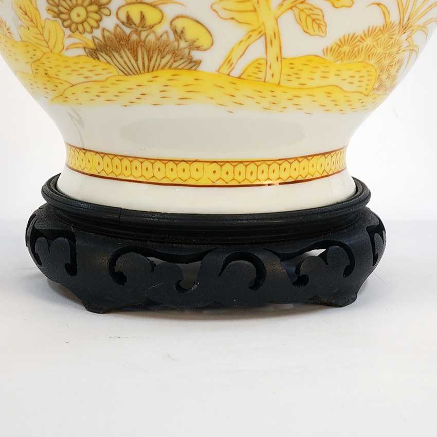 Vintage Satsuma Style Chinoiserie Vase Lamp with Gilt Florals &amp; Asian Coin Finial