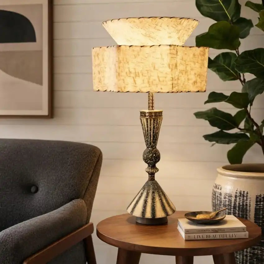 Vintage Mid Century Atomic Splatter Paint Table Lamp | 1950s Hourglass Ceramic & Pierced Brass Base | Retro Hollywood Regency Statement Light