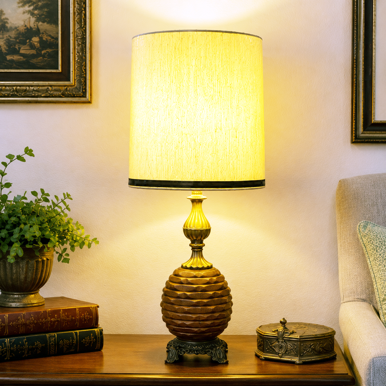 Vintage Mid Century Beehive Table Lamp | Brown Glass Night Light Lamp | Brass Tone MCM Lighting