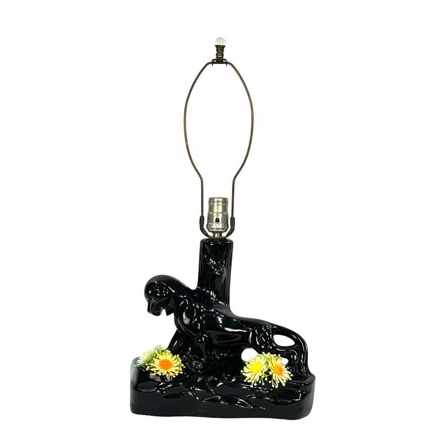 Vintage 1950s Black Panther Ceramic Table Lamp with Yellow Venetian Blind Shade | Mid-Century Modern Kitsch Tiered Aluminum Stepped Accent Light