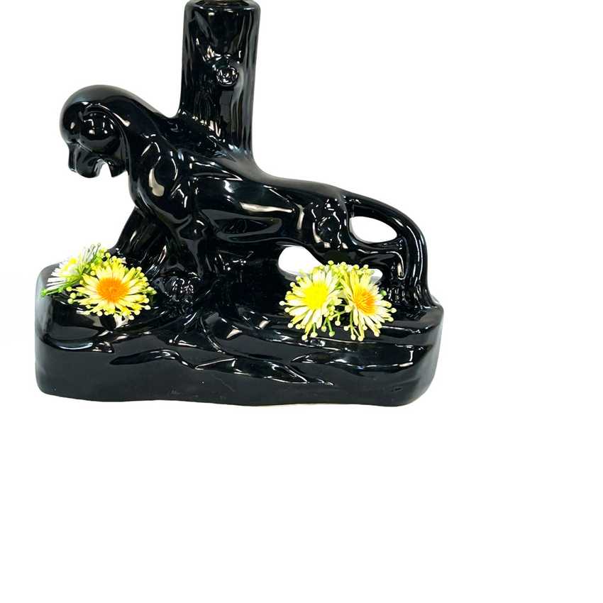 Vintage 1950s Black Panther Ceramic Table Lamp with Yellow Venetian Blind Shade | Mid-Century Modern Kitsch Tiered Aluminum Stepped Accent Light