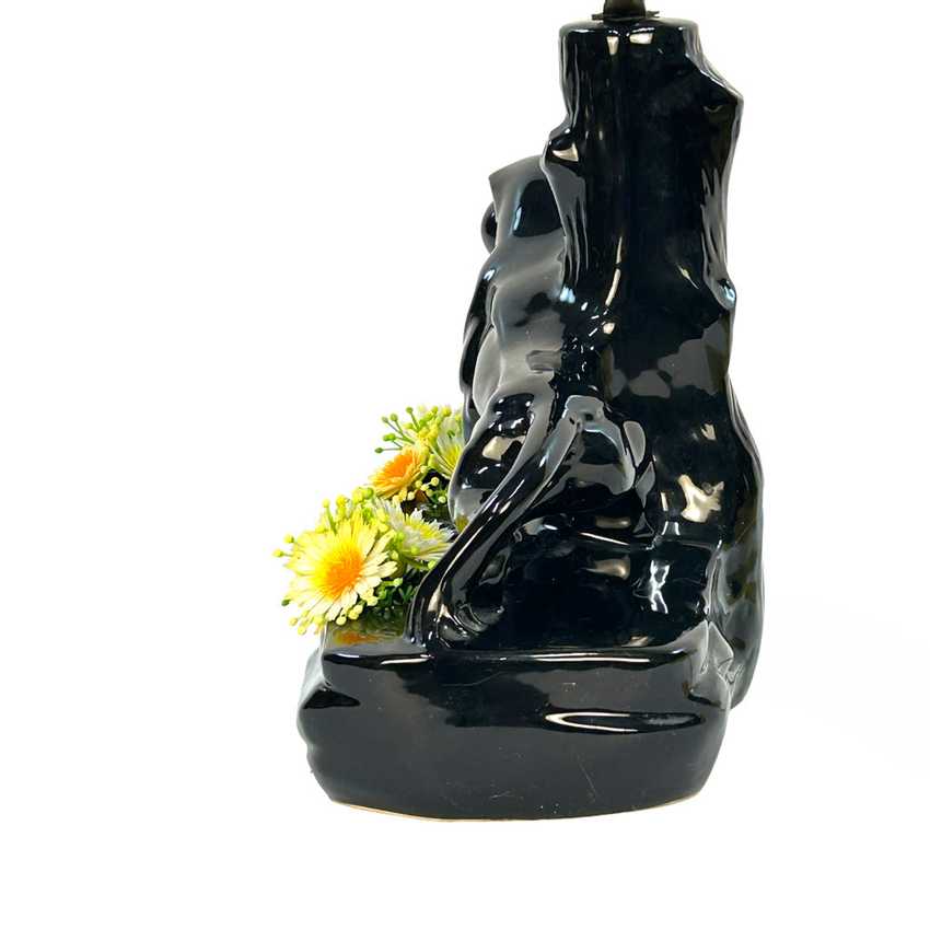 Vintage 1950s Black Panther Ceramic Table Lamp with Yellow Venetian Blind Shade | Mid-Century Modern Kitsch Tiered Aluminum Stepped Accent Light