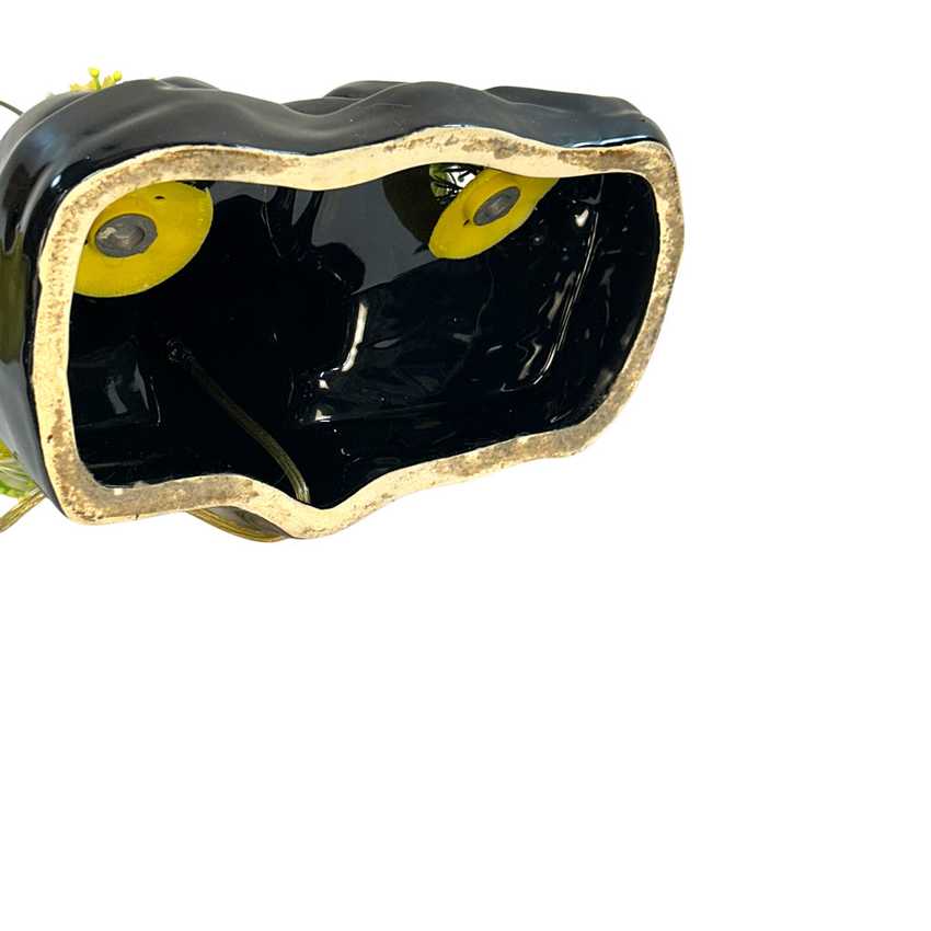 Vintage 1950s Black Panther Ceramic Table Lamp with Yellow Venetian Blind Shade | Mid-Century Modern Kitsch Tiered Aluminum Stepped Accent Light