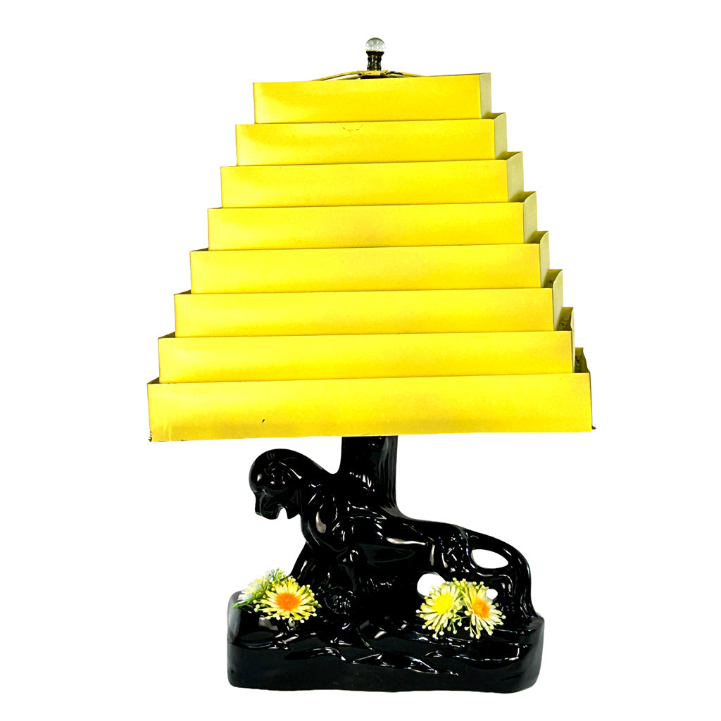 Vintage 1950s Black Panther Ceramic Table Lamp with Yellow Venetian Blind Shade | Mid-Century Modern Kitsch Tiered Aluminum Stepped Accent Light