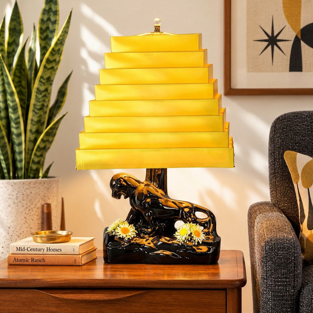 Vintage 1950s Black Panther Ceramic Table Lamp with Yellow Venetian Blind Shade | Mid-Century Modern Kitsch Tiered Aluminum Stepped Accent Light