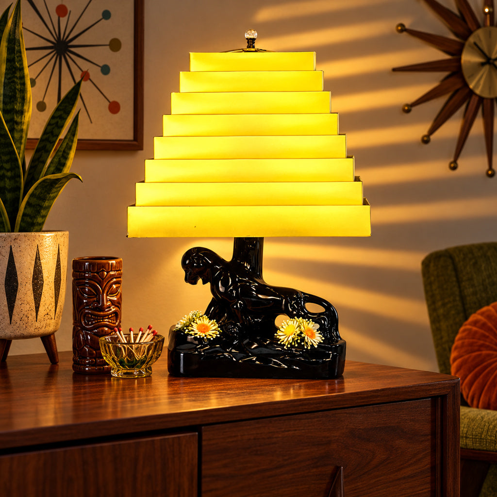 Vintage 1950s Black Panther Ceramic Table Lamp with Yellow Venetian Blind Shade | Mid-Century Modern Kitsch Tiered Aluminum Stepped Accent Light