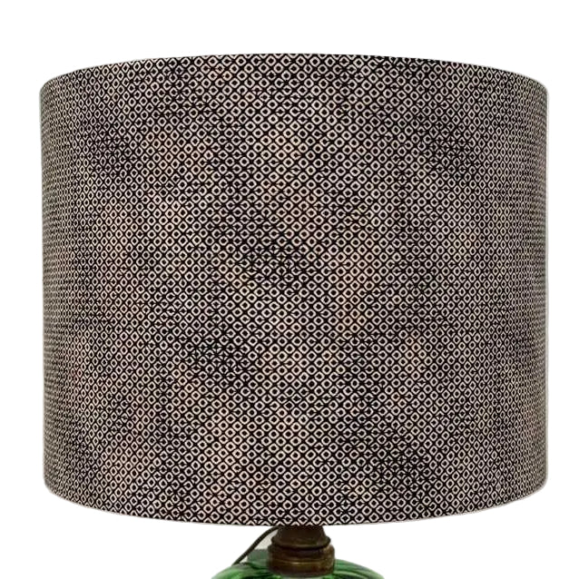 12 Inch Drum Lampshade Covered in Black Shibori Patterned Cotton