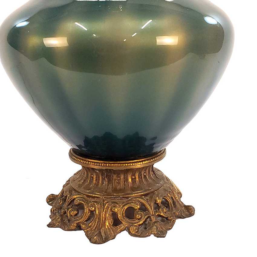 Vintage Teal Blue Green Glass Table Lamp Mid Century Hollywood Regency Interior Colored Glass Lamp Ornate Brass Base