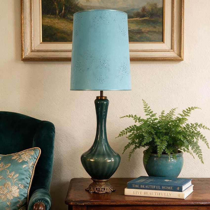 Vintage Teal Blue Green Glass Table Lamp Mid Century Hollywood Regency Interior Colored Glass Lamp Ornate Brass Base