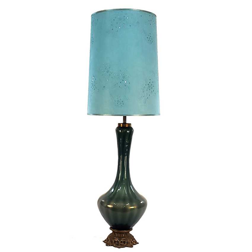 Vintage Teal Blue Green Glass Table Lamp Mid Century Hollywood Regency Interior Colored Glass Lamp Ornate Brass Base