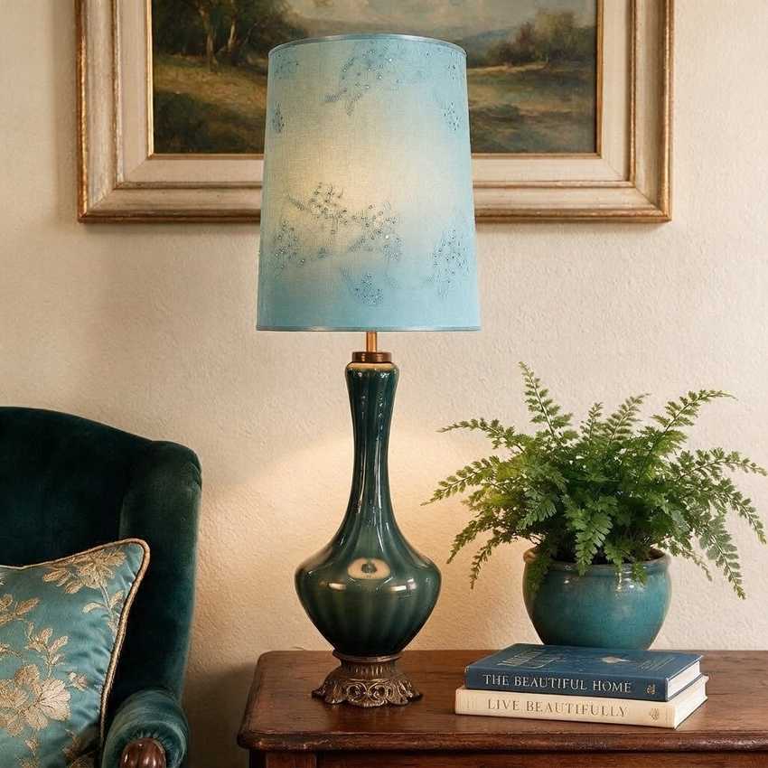 A table lamp with a light blue floral-patterned drum shade and a dark teal-green ceramic base sits on a wooden side table in a styled room setting next to a green plant and a teal armchair.