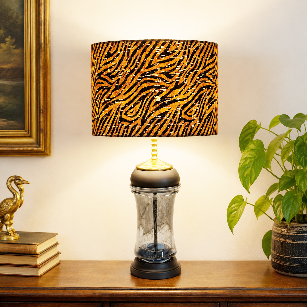 Handmade Blue Art Glass Table Lamp | One-of-a-Kind Blown Glass Lamp | Blue Amber & White Swirl Lamp