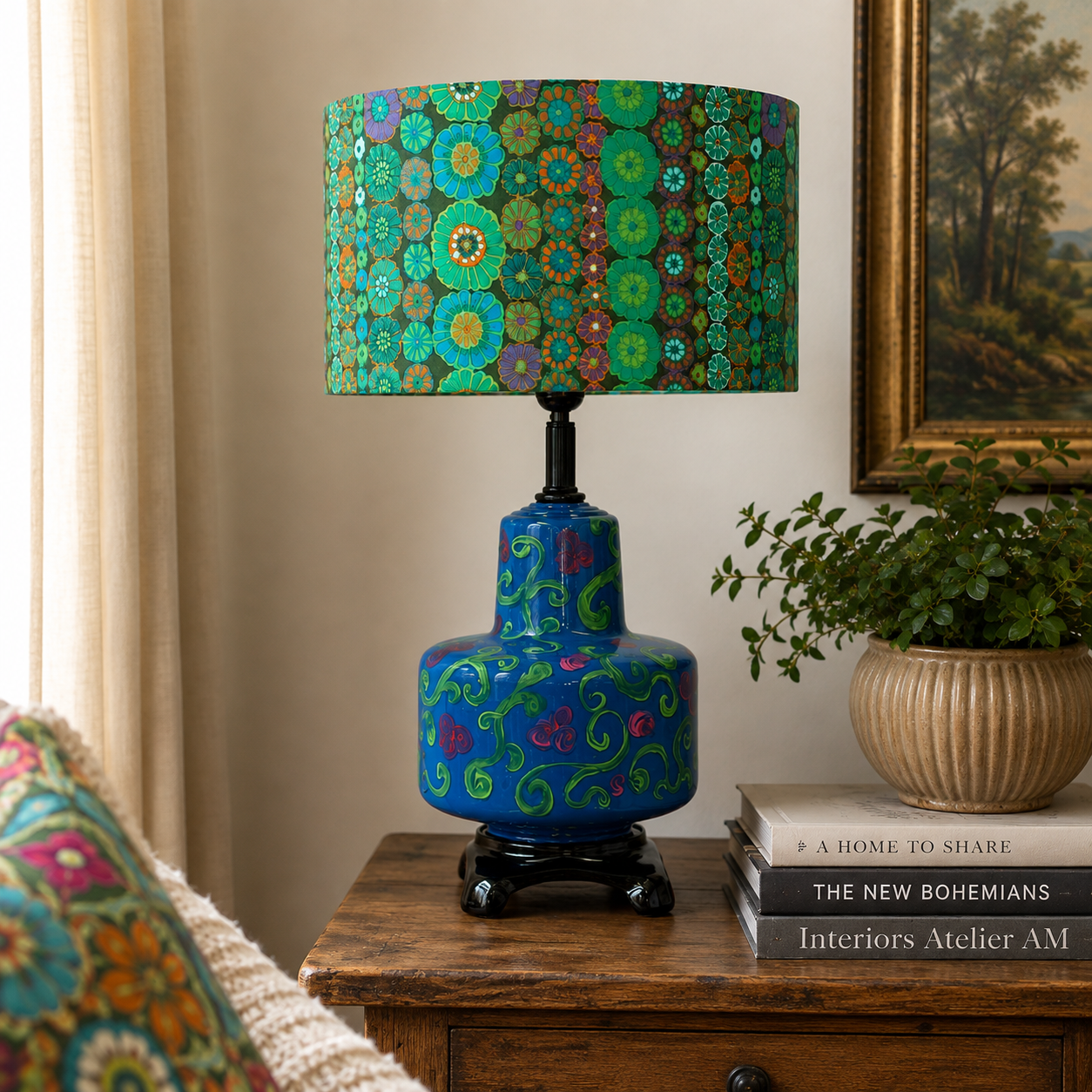 A decorative table lamp with a bright blue ceramic base and a matching patterned drum shade, styled on a wooden side table in a warm, neutral-toned room.