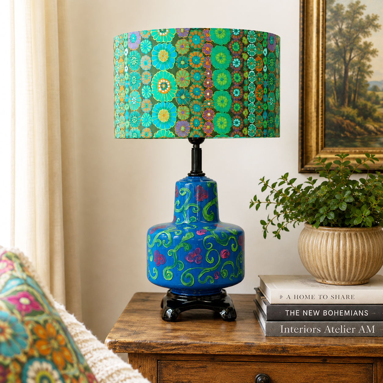 Hand Painted Vintage Glass Table Lamp – Blue Floral Upcycled Lamp – Restored Lamp – One of a Kind Accent Lamp – 21.25”