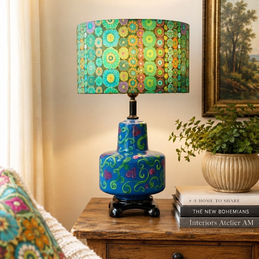 Hand Painted Vintage Glass Table Lamp – Blue Floral Upcycled Lamp – Restored Lamp – One of a Kind Accent Lamp – 21.25”