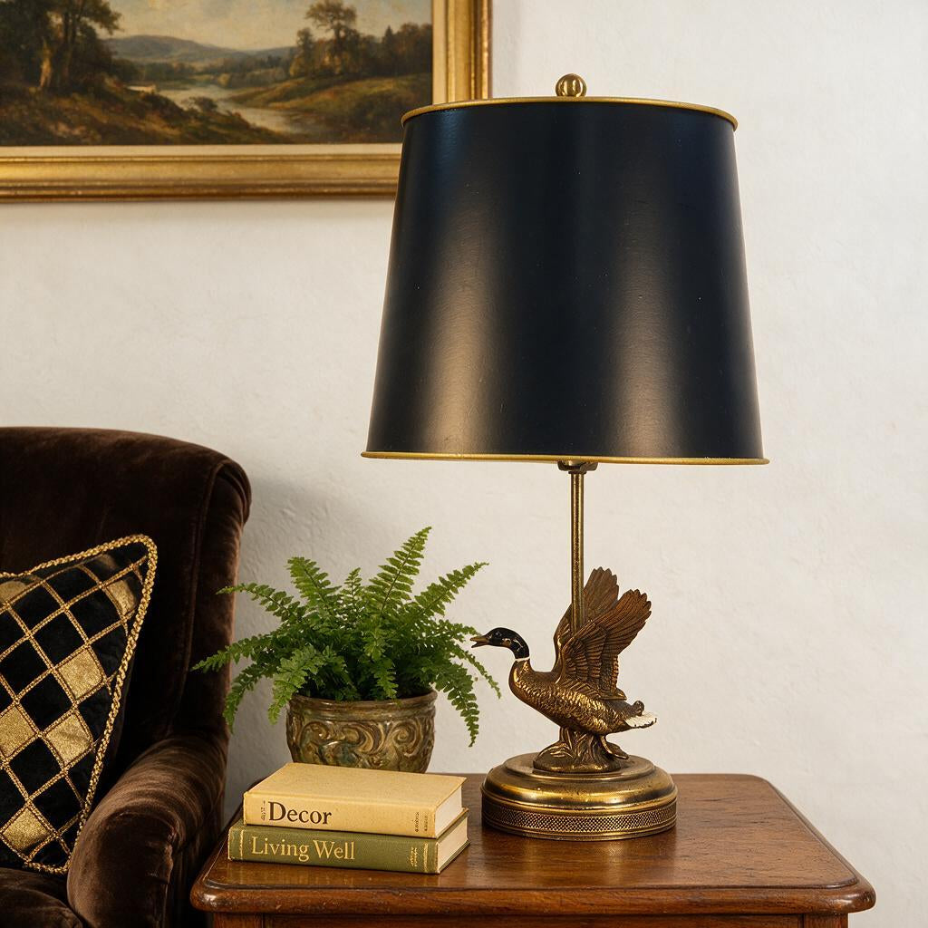Vintage Brass Mallard Duck Table Lamp with Black Paper Shade | Mid Century Brass Flying Duck Light | Cabin Core Masculine Study Accent Decor