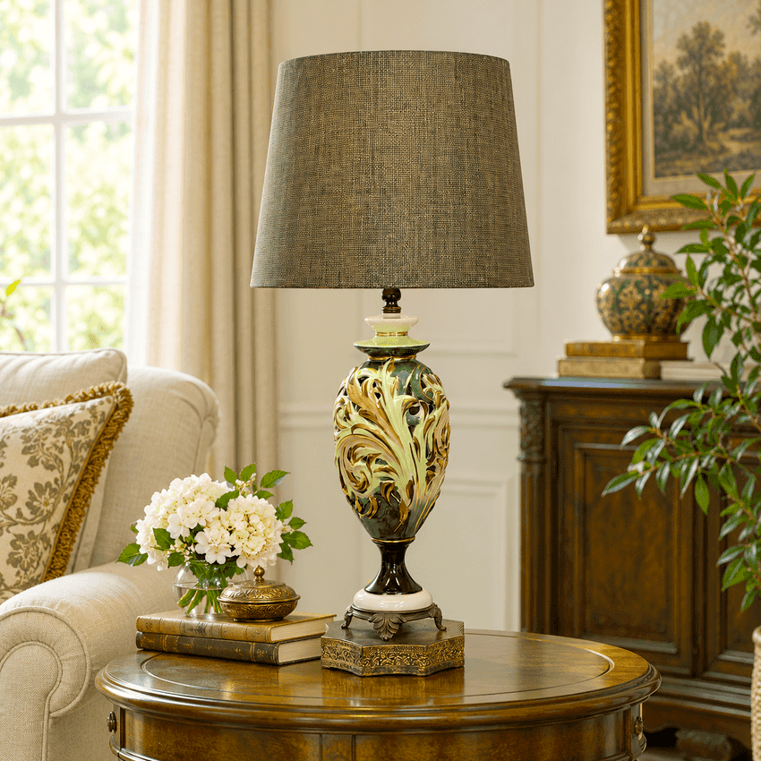 Vintage Green Ceramic Table Lamp with Raised Gold Scrollwork | Hollywood Regency Ornate Urn Lamp | Baroque Revival Lighting