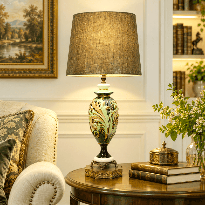 Vintage Green Ceramic Table Lamp with Raised Gold Scrollwork | Hollywood Regency Ornate Urn Lamp | Baroque Revival Lighting