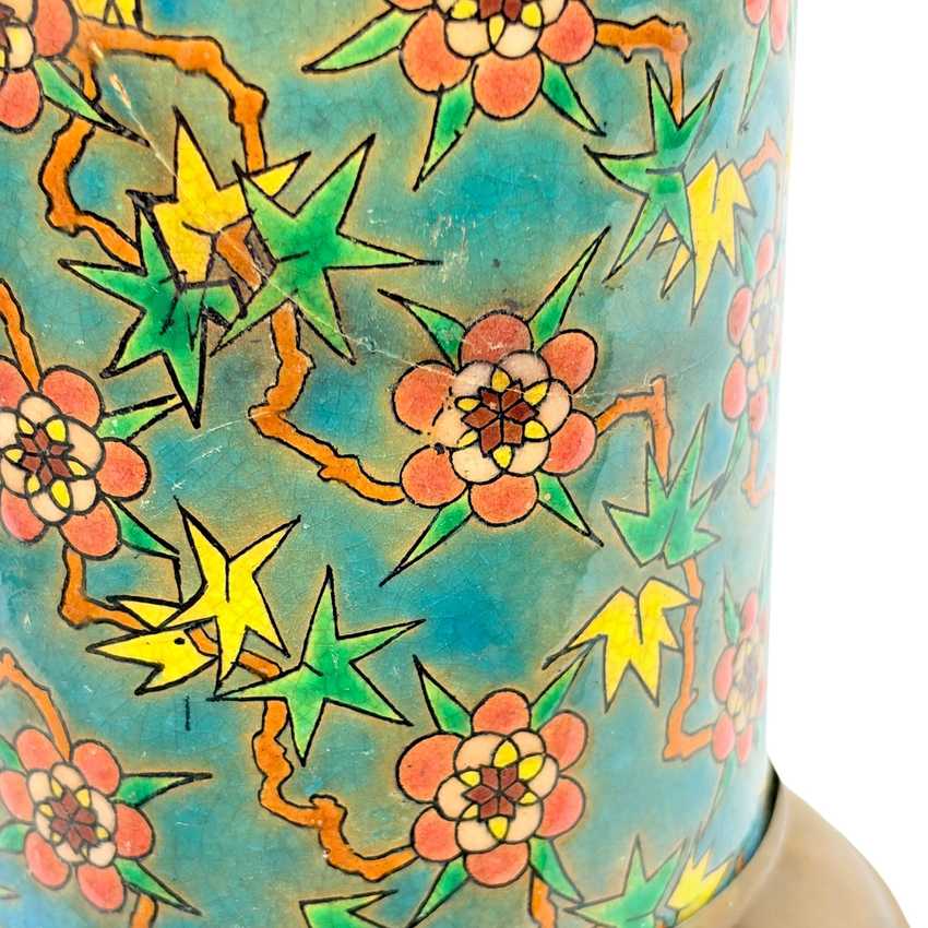 Vintage Asian Style Floral Ceramic Oil Lamp Converted to Electric, Turquoise Green Brass Table Lamp, Rewired